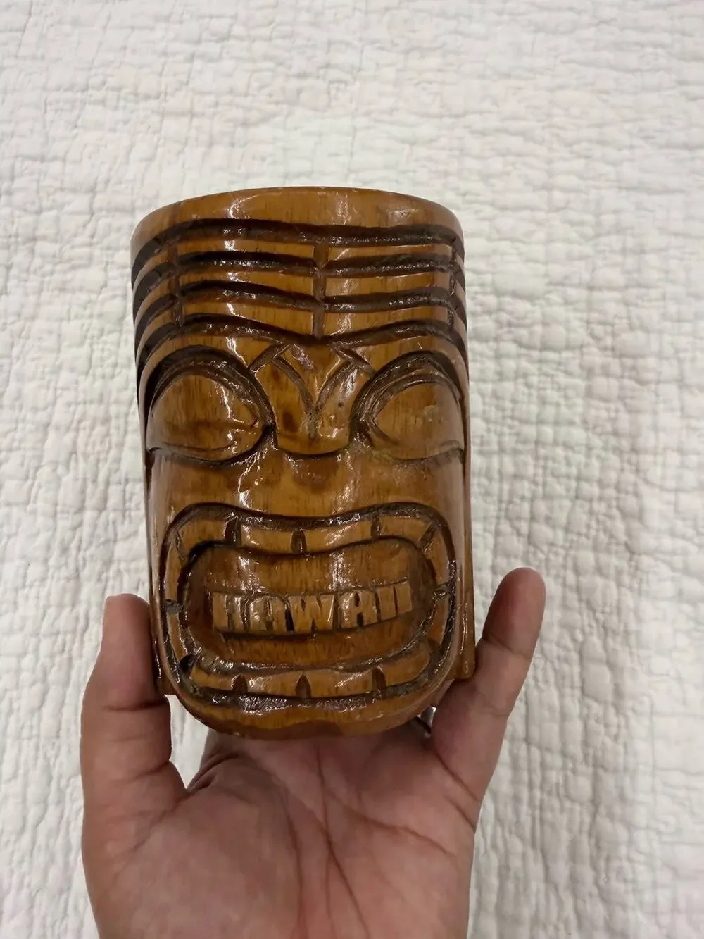 Carved Wooden Tiki Mug Cup with Handle, Brown